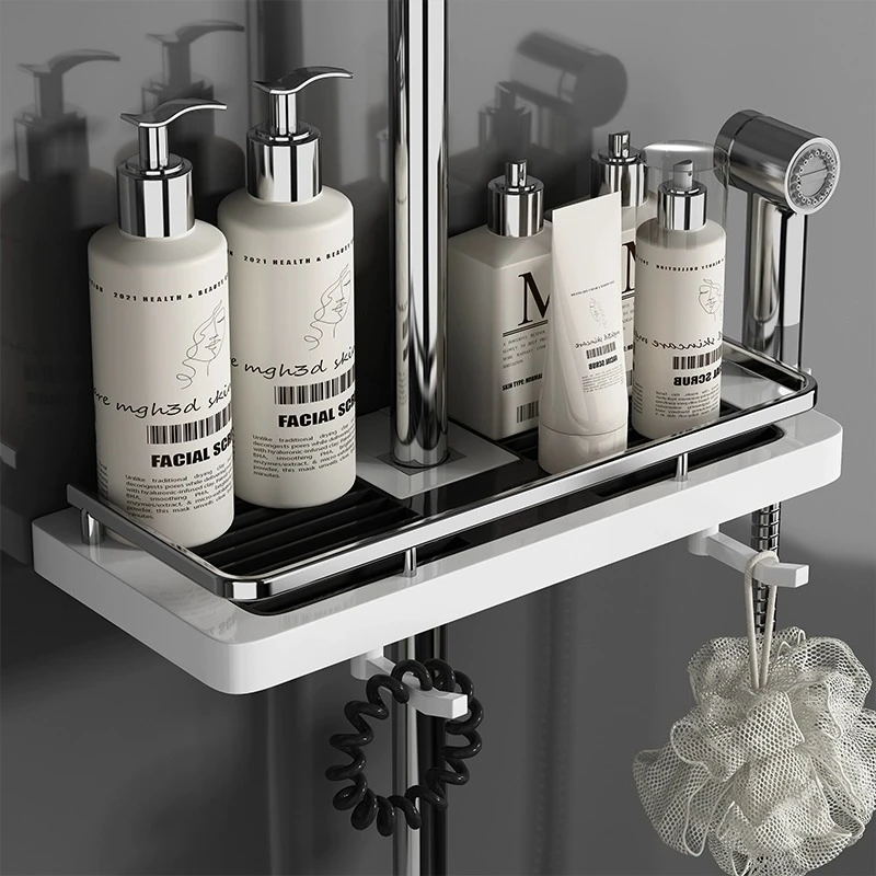 免打孔淋浴杆花洒置物架托盘卫生间厕所肥皂盒浴室香皂盒收纳盒