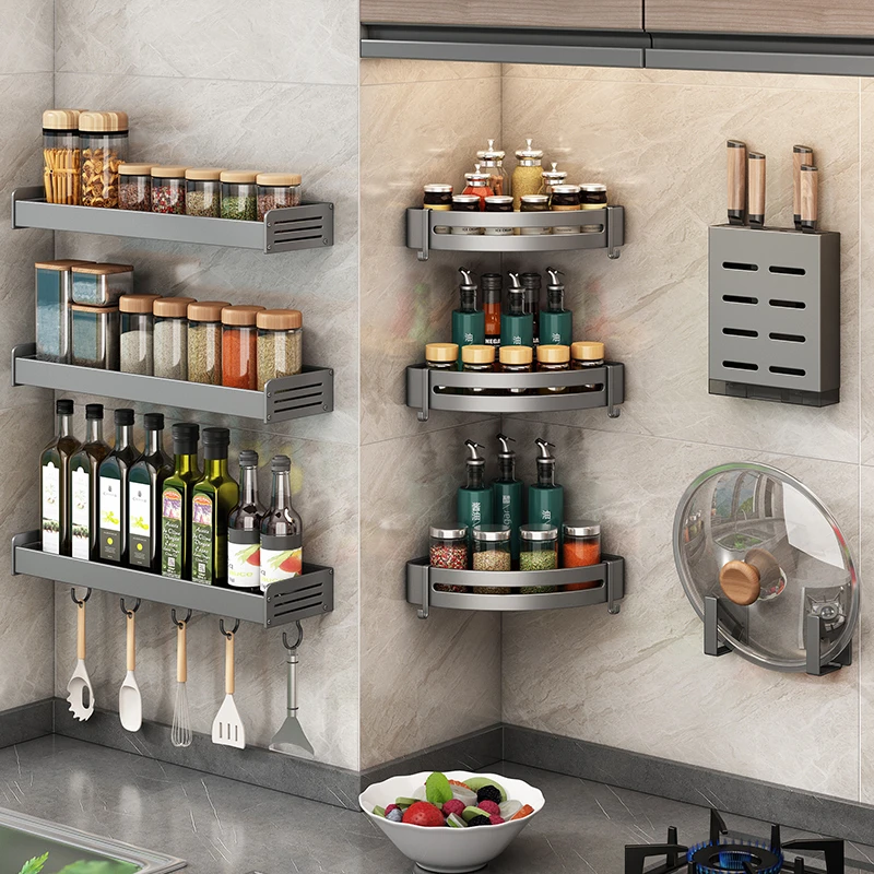 枪灰厨房三角置物架免打孔墙上调味料用品储物架子壁挂式转角收纳
