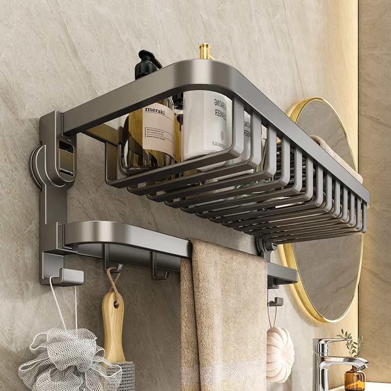 吸盘折叠毛巾架卫生间免打孔浴巾架子浴室置物架一体厕所挂钩挂杆