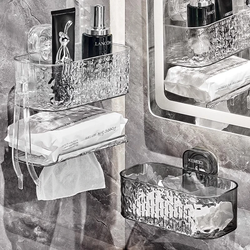 吸盘洗脸巾收纳盒壁挂式双层置物架家用浴室卫生间洗漱台纸巾盒子