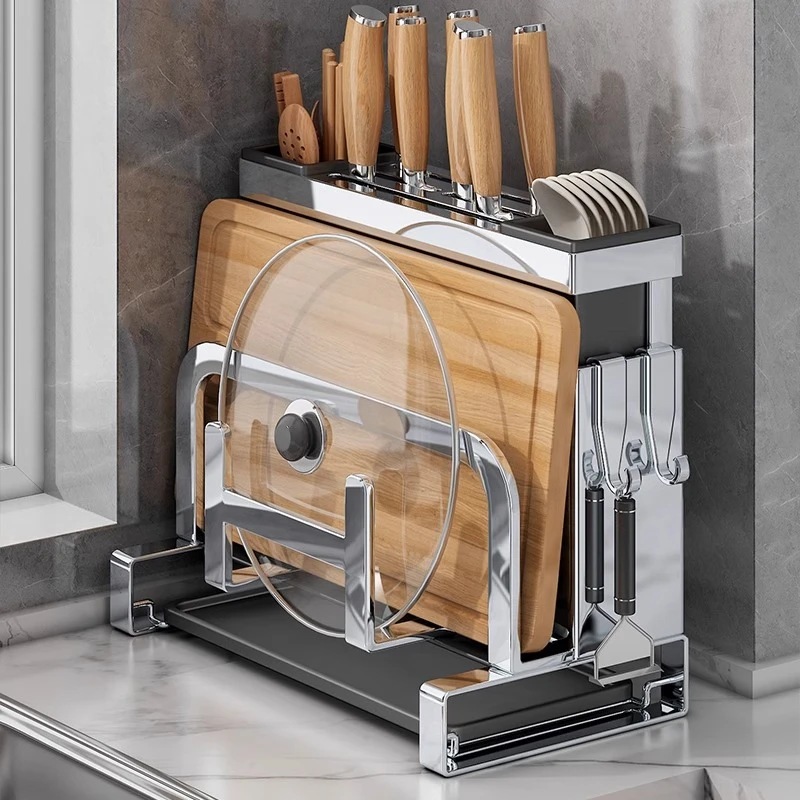 优勤不锈钢家用刀架置物架免打孔菜板架菜刀一体砧板刀具收纳架