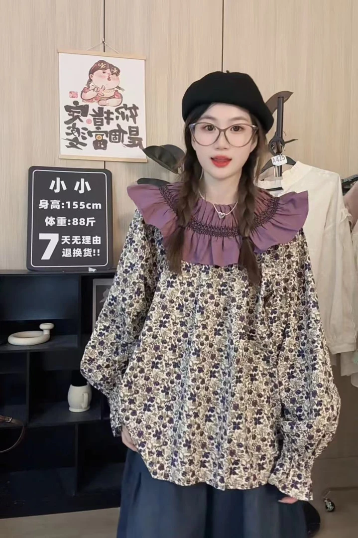 【巴黎旧梦~】特色褶皱大领碎花大泡泡袖韩版衬衣