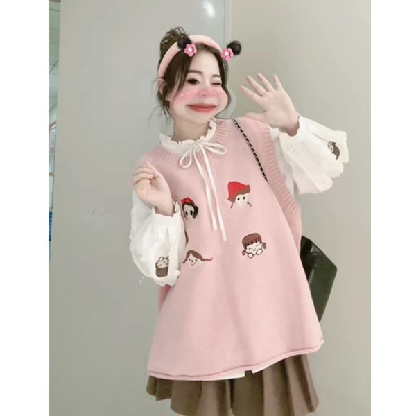 【粉色女孩】丽丽推荐 日系甜美可爱减龄立体刺绣叠穿毛衣马甲背心