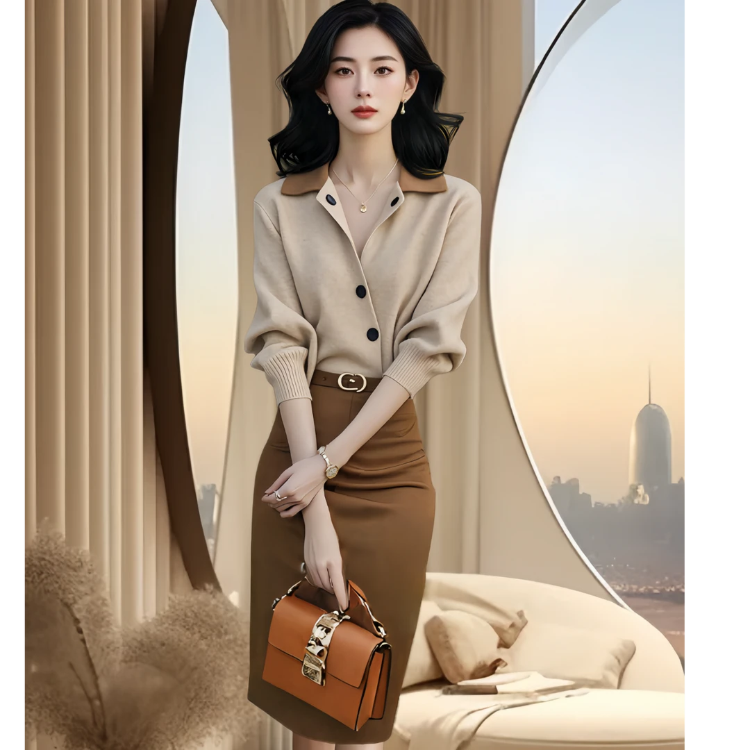 早秋穿搭高端精致气质女神范高级感端庄大气小香风毛衣修身半身裙