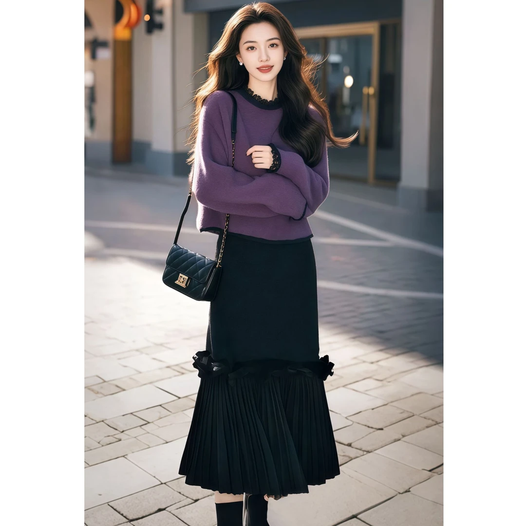 2025冬季时尚气质入冬韩系减龄小香风高级感紫色宽松针织毛衣女