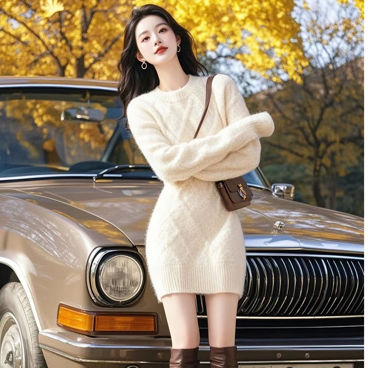 米白色针织连衣裙秋冬内搭修身显瘦绝美奶呼呼高级感慵懒气质裙子