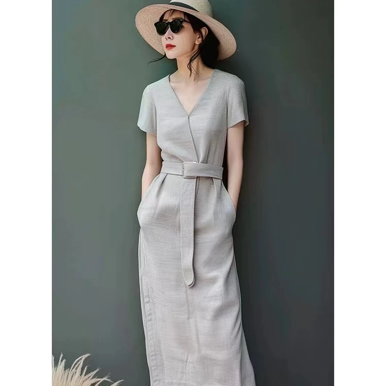 夏季新款收腰显瘦灰色小香风连衣裙气质高级感茶歇法式短袖长裙女