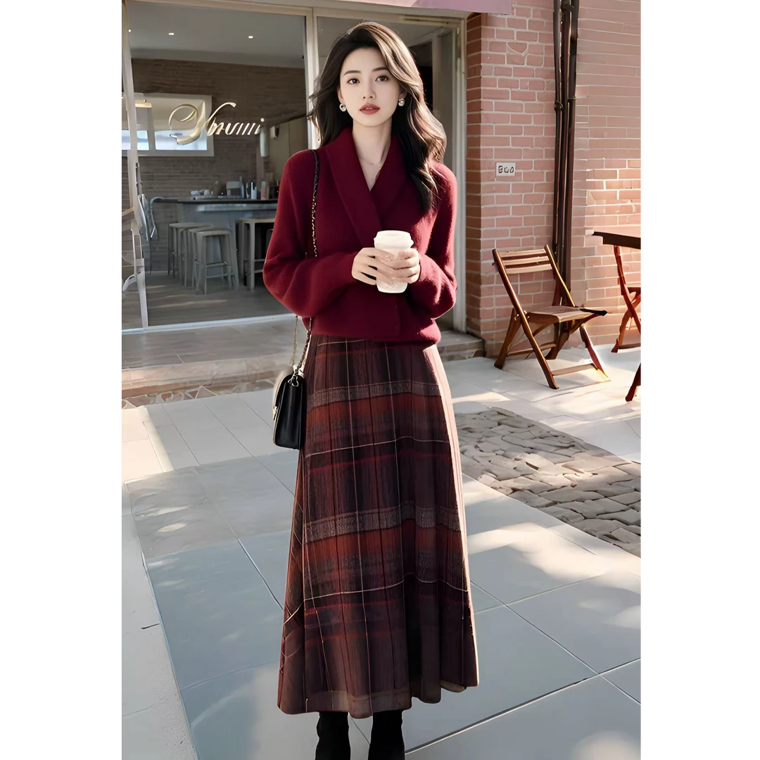 入冬穿搭一整套小香风红色高级感加厚毛衣针织裙子两件套装女春季