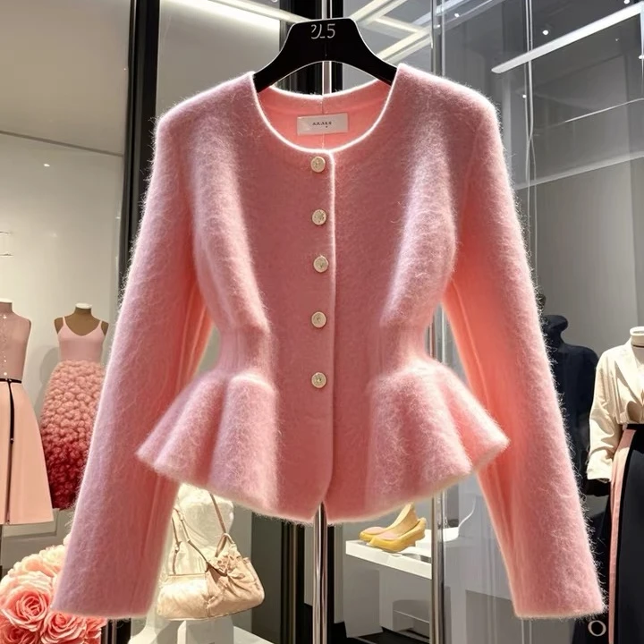 2024春秋粉色毛衣开衫外套设计感小众高级感气质小香风收腰上衣女