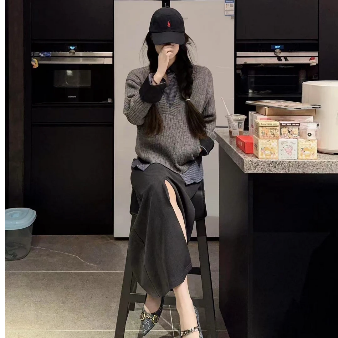 爆款秋冬季外穿洋气加厚极简风v领针织上衣搭配衬衫显瘦半身裙子