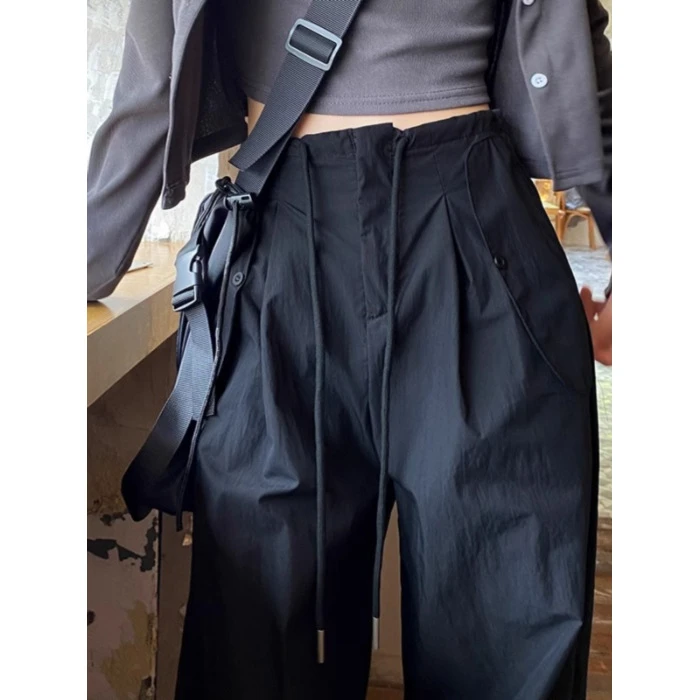 工装裤女秋季2024薄款高腰美式休闲阔腿裤【高智淡人】运动抽绳长裤