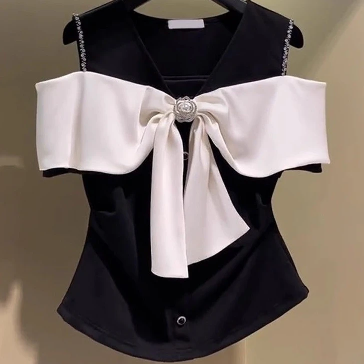 2025蝴蝶结拼接露肩短袖t恤女夏季新款小众设计潮流独特时尚上衣