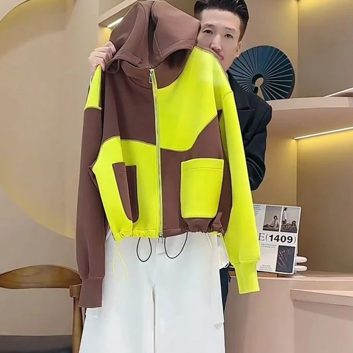 时尚拼色设计感拉链连帽卫衣女2024秋季新款宽松显瘦上衣外套潮
