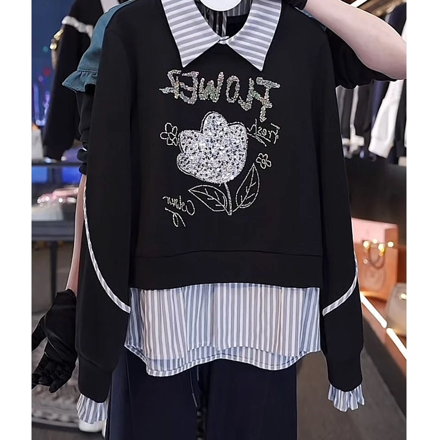 2025新款网红女装拼接假两件加绒保暖卫衣女时尚百搭上衣女潮