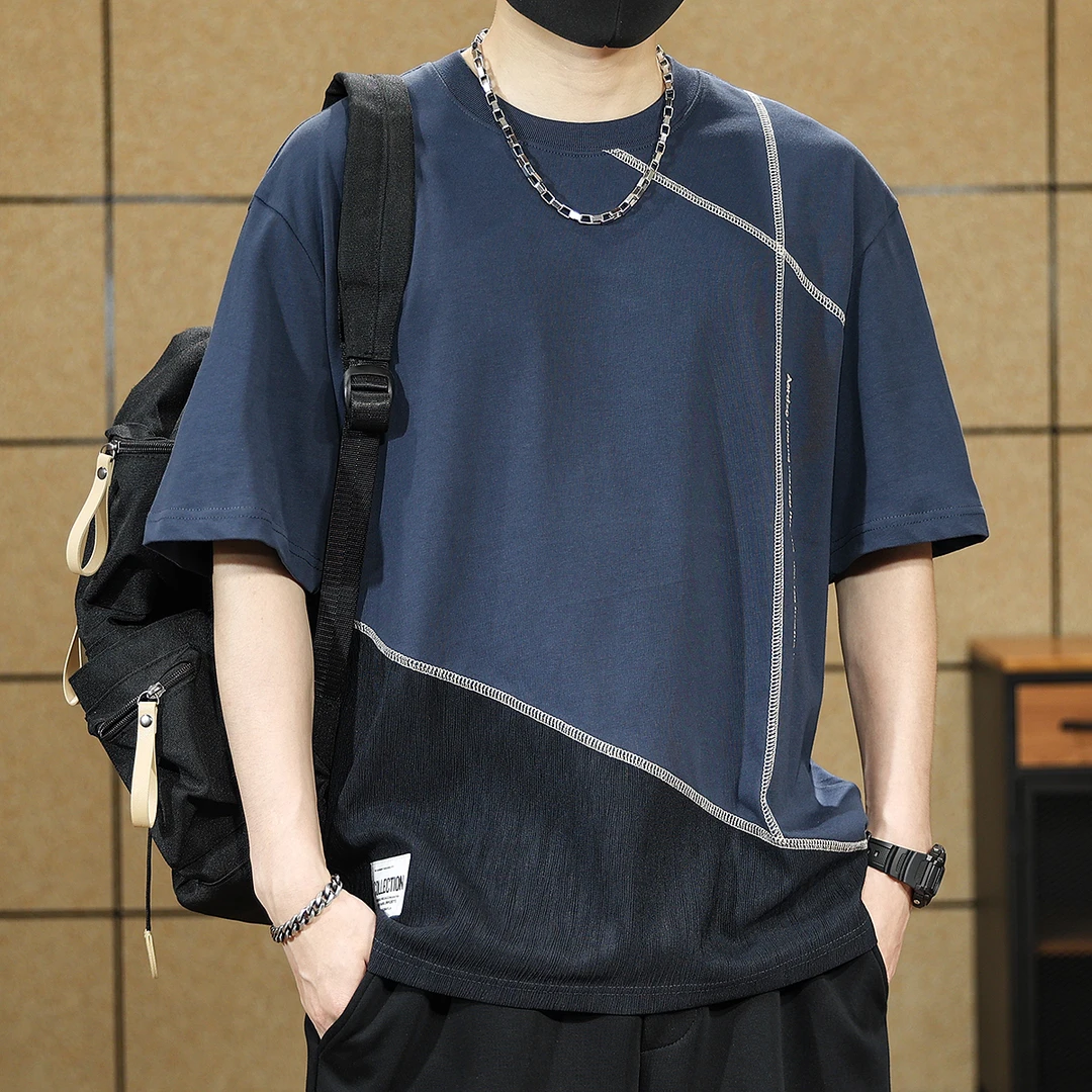 高端辑明线设计感拼接短袖T恤男夏季宽松潮流圆领纯棉休闲体恤男