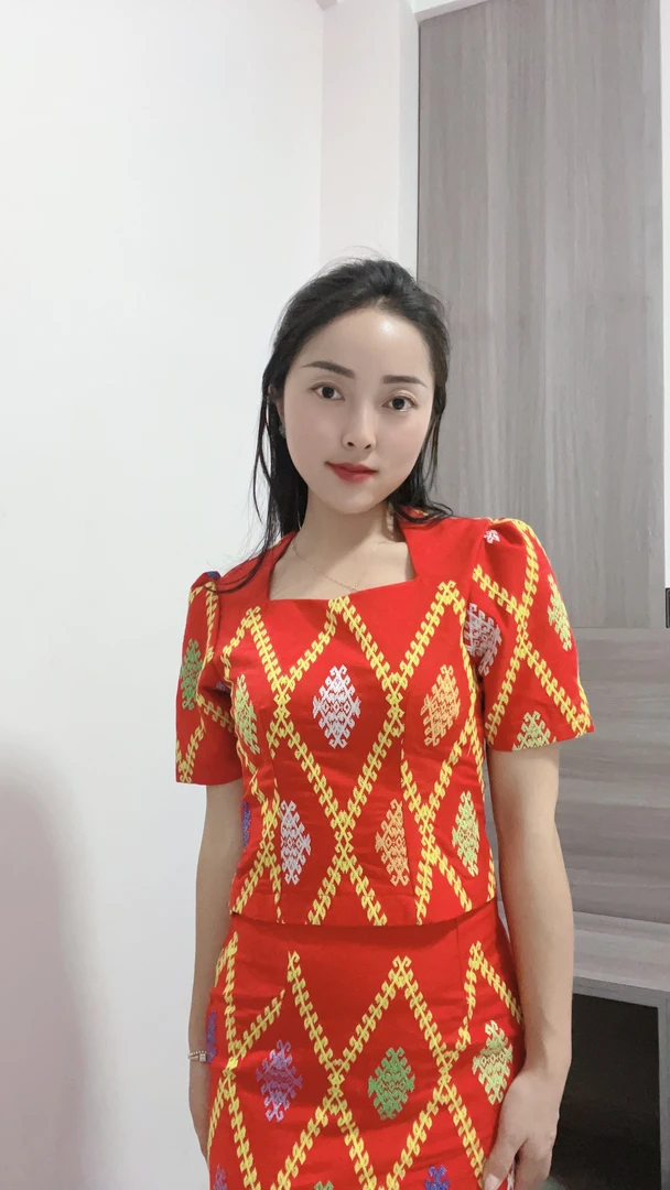 小杰民族服饰景颇小方领红色套装0044