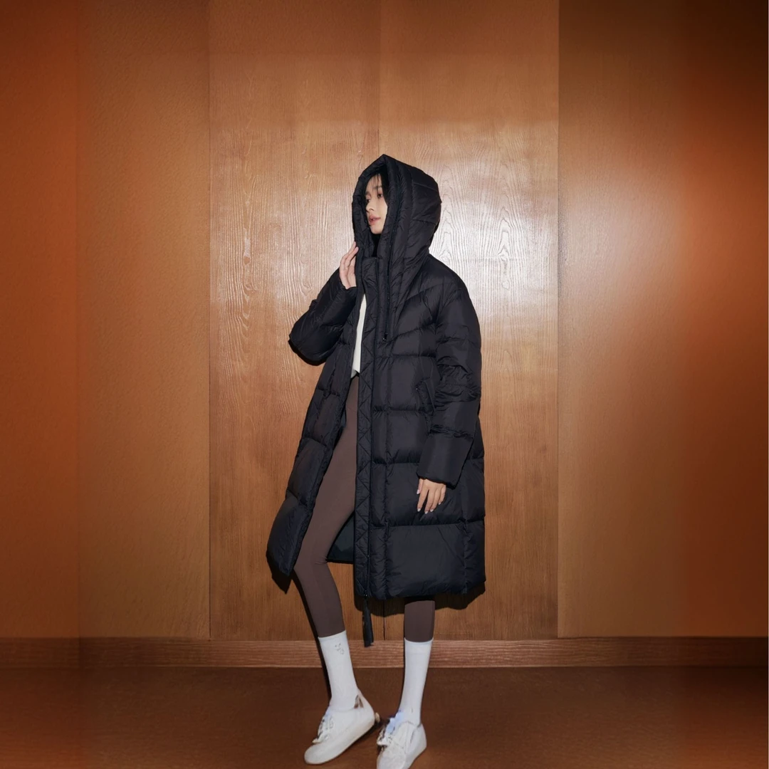 Basic House/百家好YL韩版高级感长款连帽鸭绒休闲羽绒服冬M58
