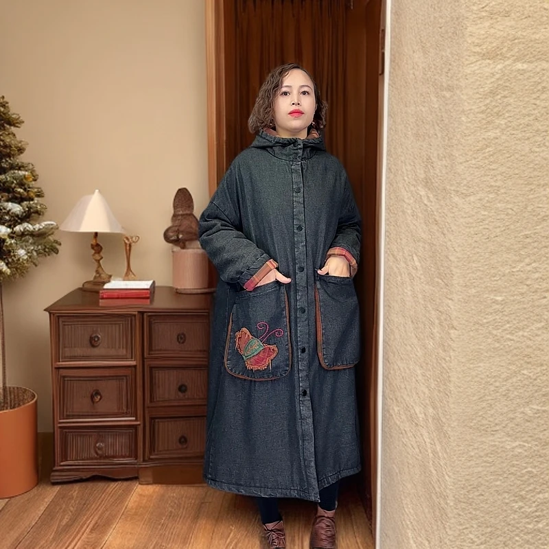 【昊雅】夹棉加厚保暖休闲宽松时尚复古绣花连帽长款水洗牛仔棉服