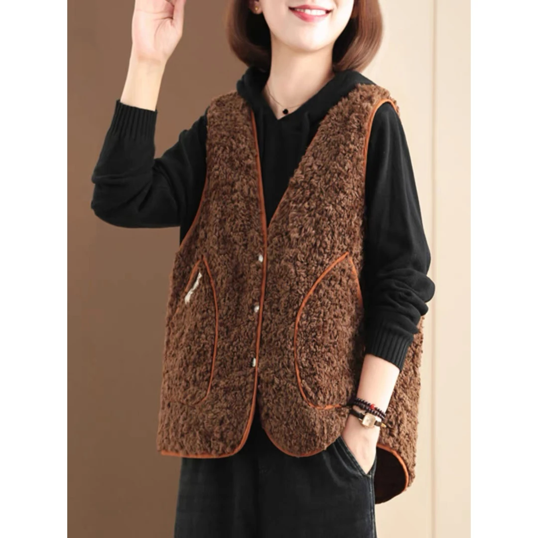 【昊雅】高档韩版宽松遮肉复古V领双面两穿女士休闲加厚马夹外穿