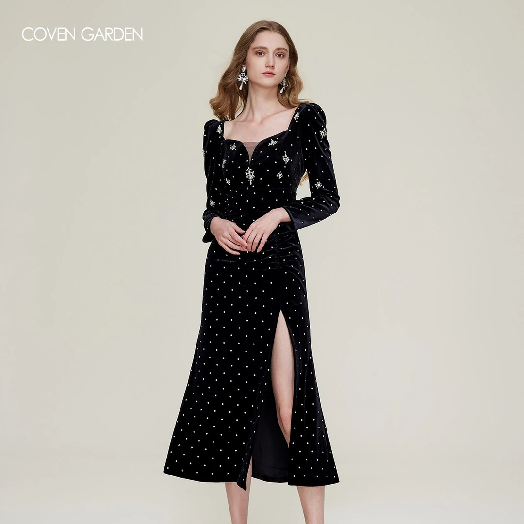 哥文花园 黑色满钻复古开叉丝绒连衣裙 CTA1082260