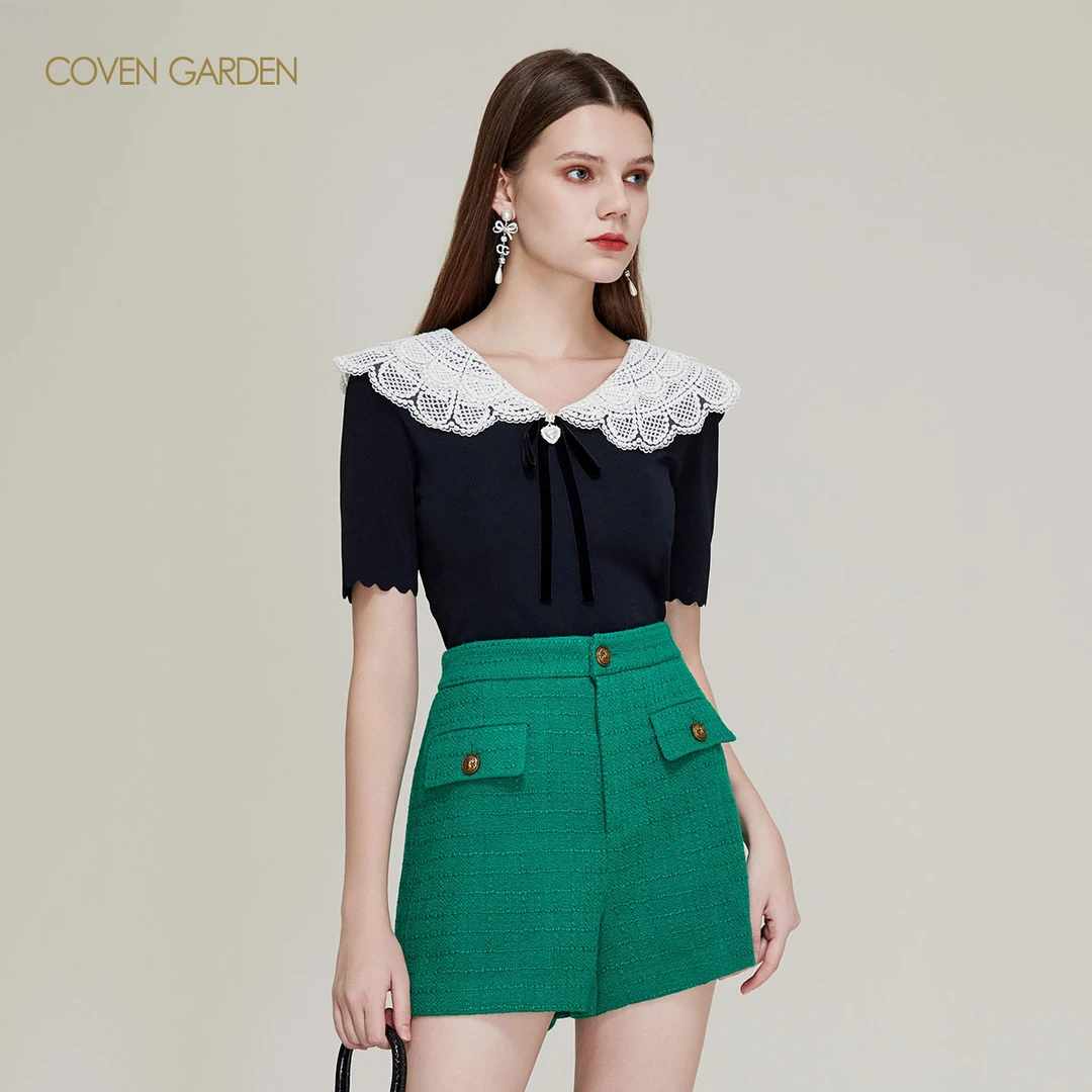 哥文花园 盘带刺绣娃娃领针织衫女套头 CTA1035200 COVEN GARDEN