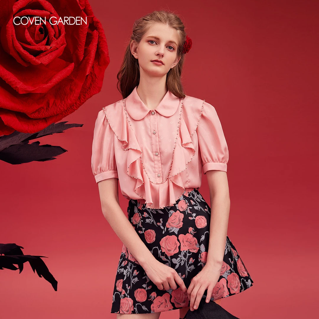 哥文花园  荷叶边复古提花绸衬衫  CLA3013340  COVEN GARDEN