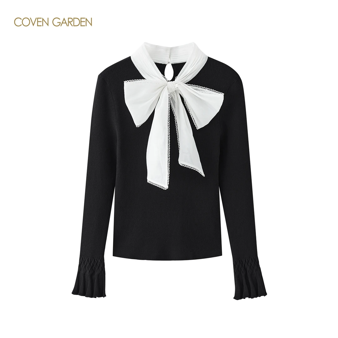 哥文花园 领口拼接丝质系带喇叭袖口优雅毛织套头衫 CLA4032690