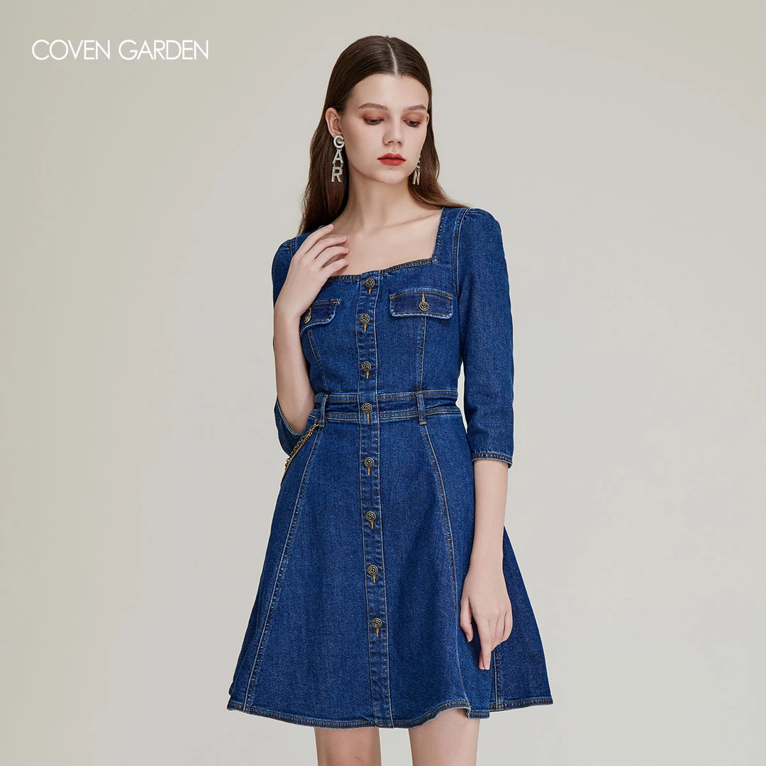 哥文花园 复古方领弹力牛仔连衣裙棉质 CTC1081528 COVEN GARDEN