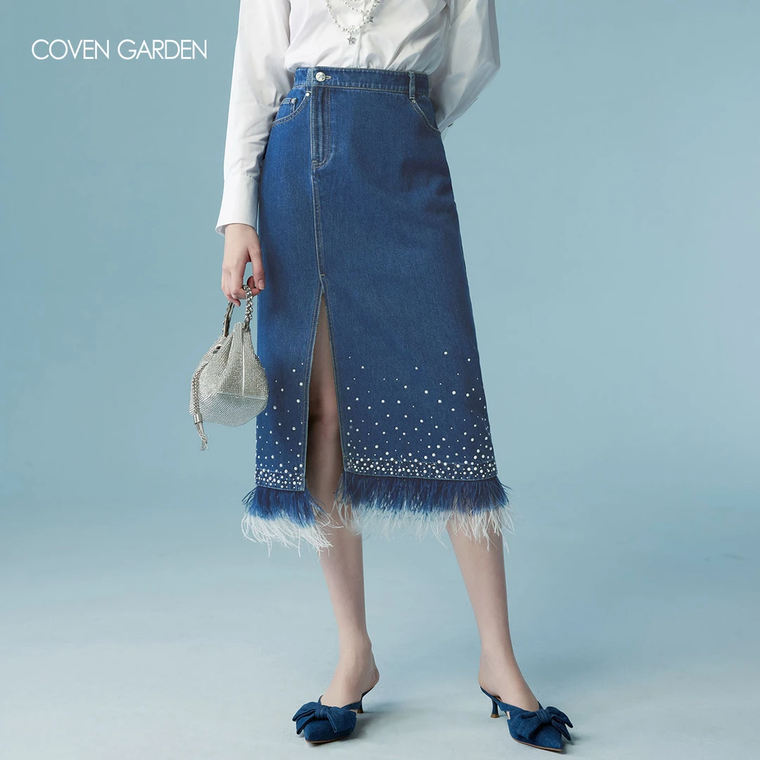 哥文花园 渐变前开叉牛仔半身裙独特 CLA1075020