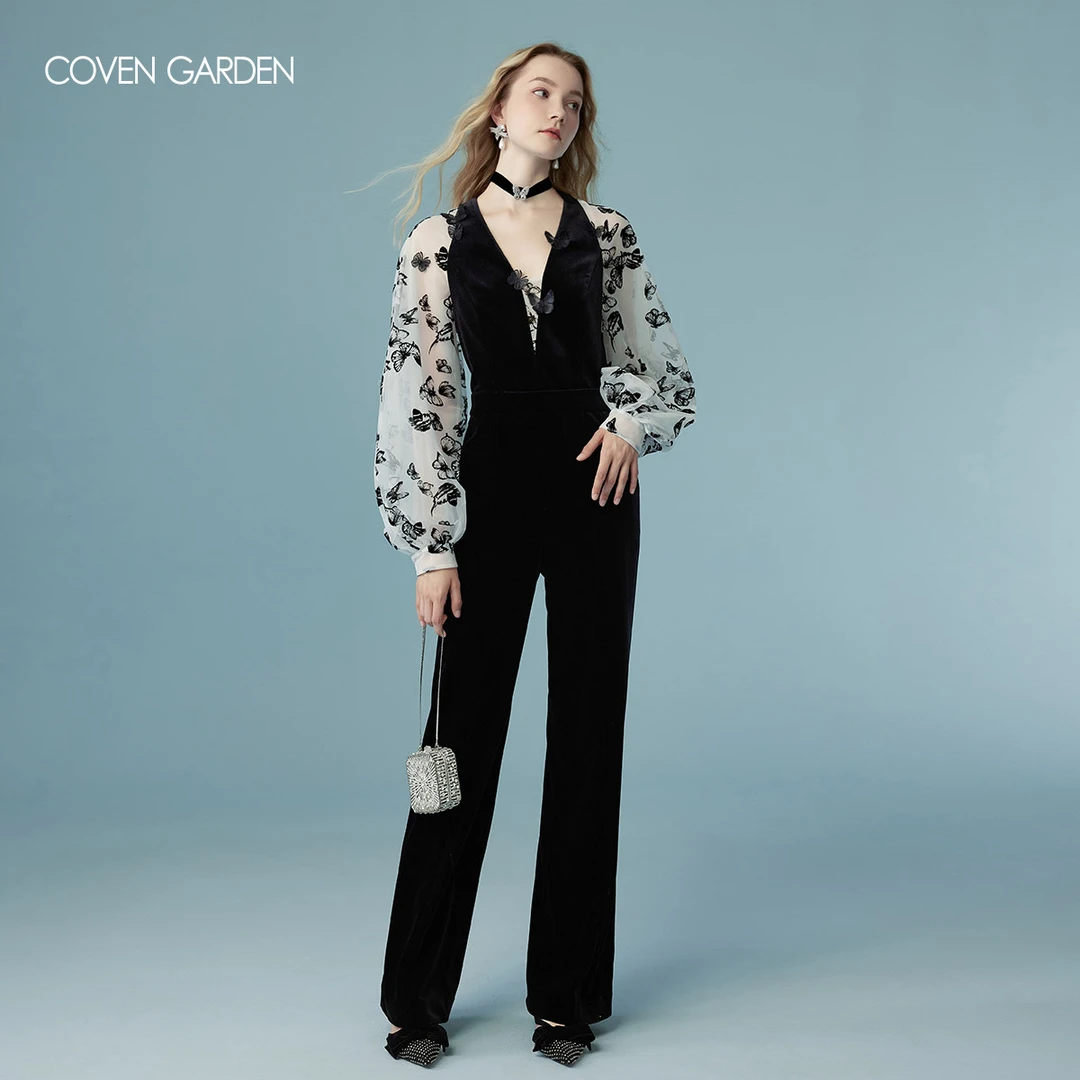 哥文花园 灯笼袖黑色丝绒连体裤女长裤 CLA1061120