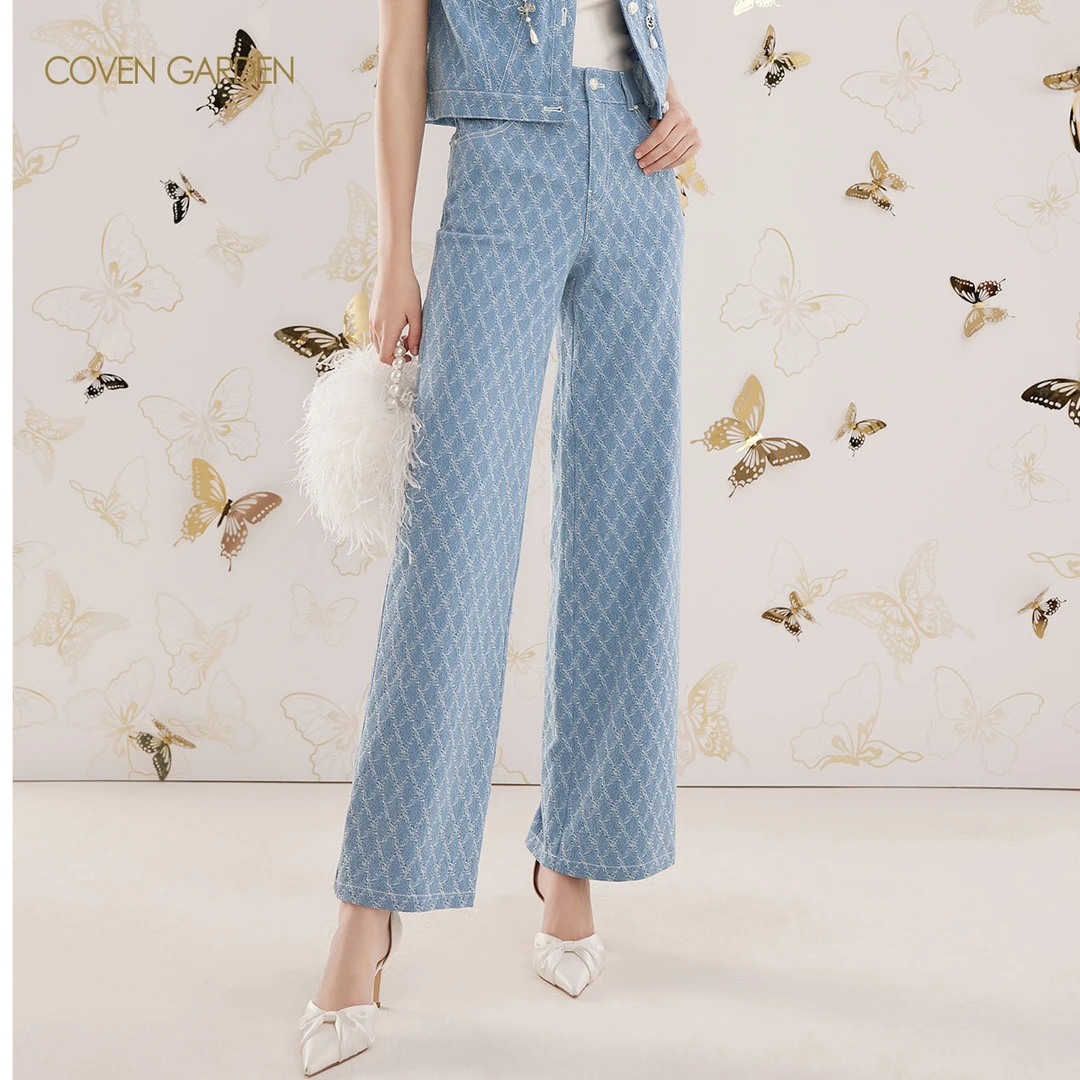 哥文花园 格纹棉质牛仔喇叭裤 CLA3062400 COVEN GARDEN