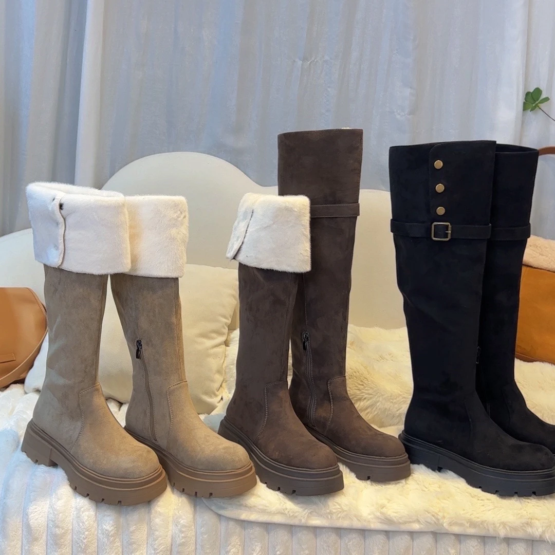 广州唐乐乐～秋冬新款保暖时尚大筒围女靴百搭厚底真皮加绒过膝靴
