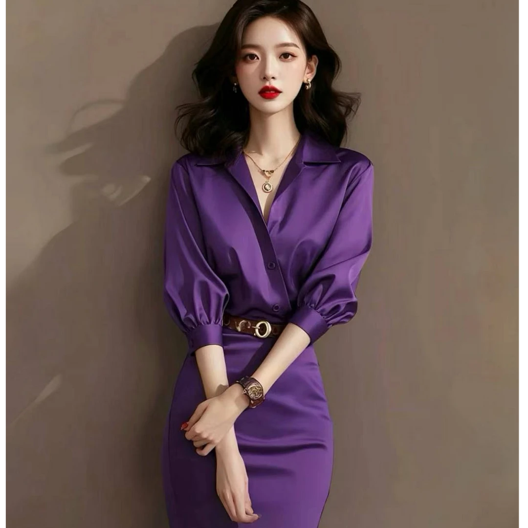 春秋紫色衬衫式连衣裙女轻奢高级感女装日常通勤穿搭正式场合裙子