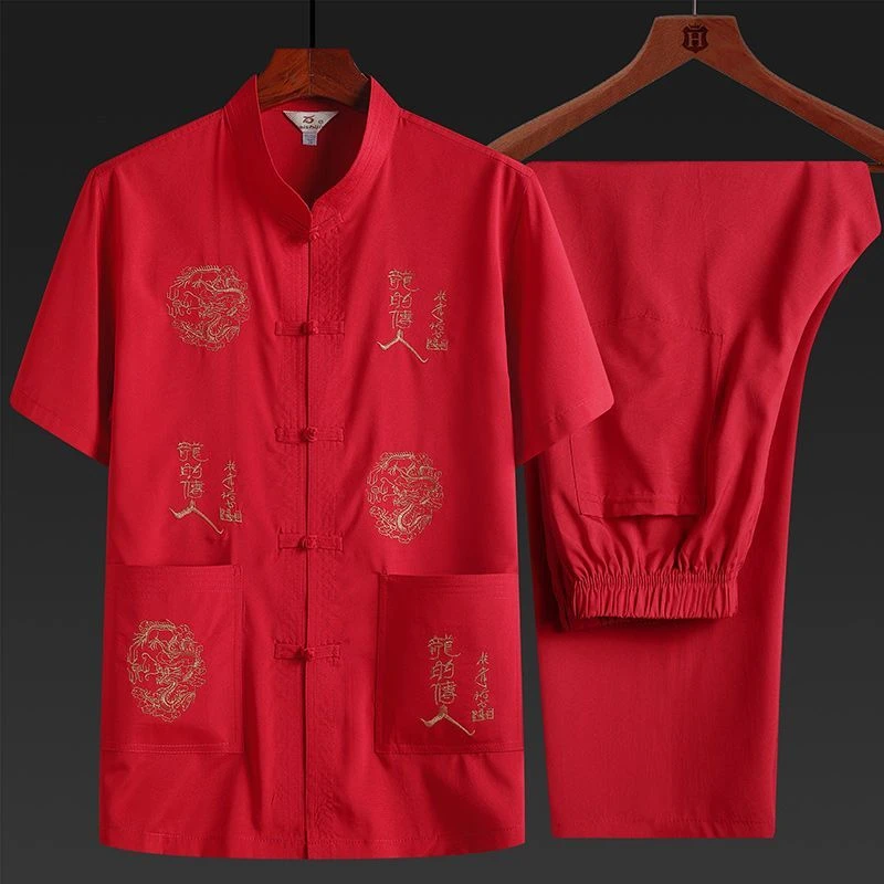 夏季中国风唐装中老年套装爸装爷爷老人衣服薄款短袖大码晨练汉服