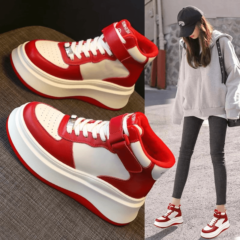 南糖三色 真皮高帮小白鞋女2024年新款春秋季女鞋百搭厚底松糕运动休闲鞋子