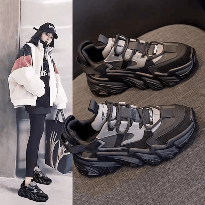 南糖三色 老爹鞋女ins潮2023爆款秋冬季新款厚底增高黑色加绒运动休闲女鞋