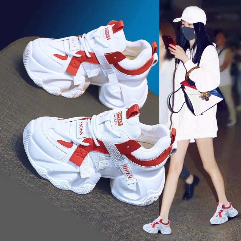 厚底炸街红色老爹鞋女秋季爆款2025新款轻便显脚小时尚内增高单鞋