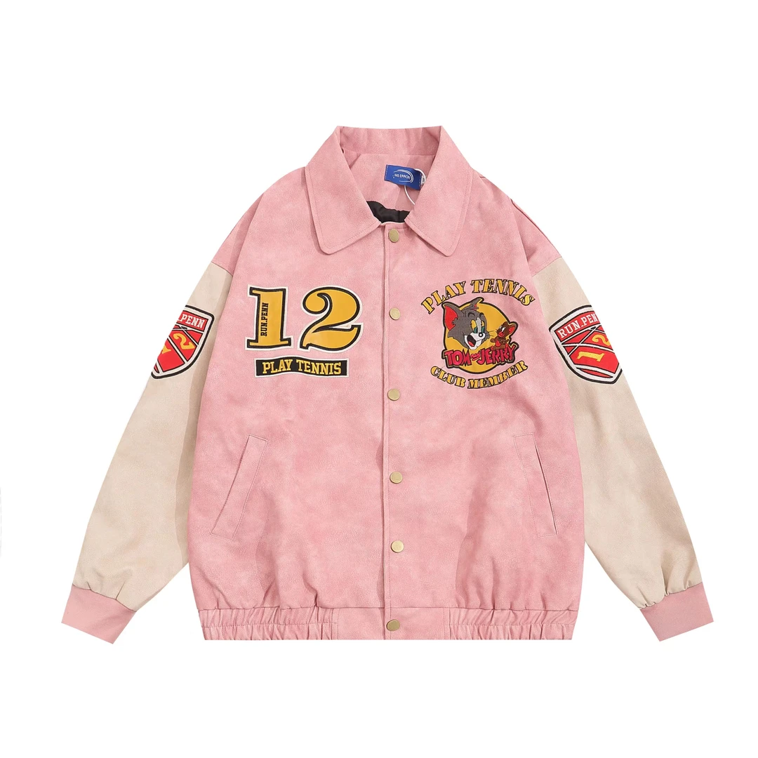 美式复古磨砂PU材质猫和老鼠刺绣宽松男女同款翻领外套棒球服