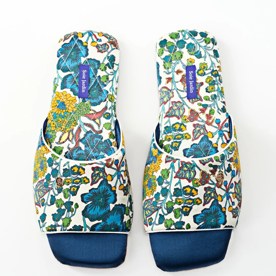 soie jardin7#Square系列方头真丝liberty印花提花家居露脚趾拖鞋