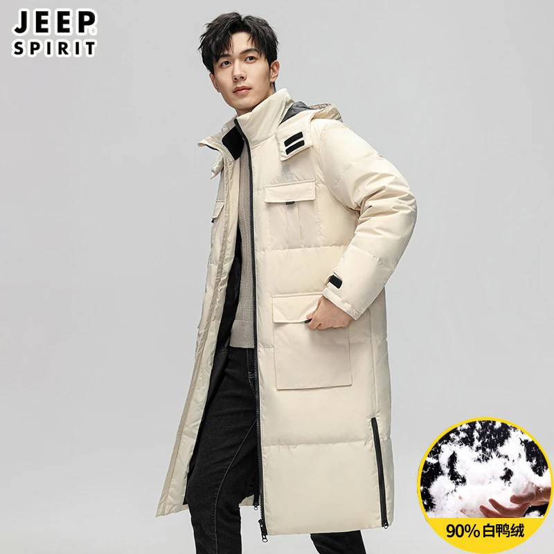 JEEPSPIRIT冬季90鸭绒情侣连帽羽绒服男女中长款户外运动休闲外套