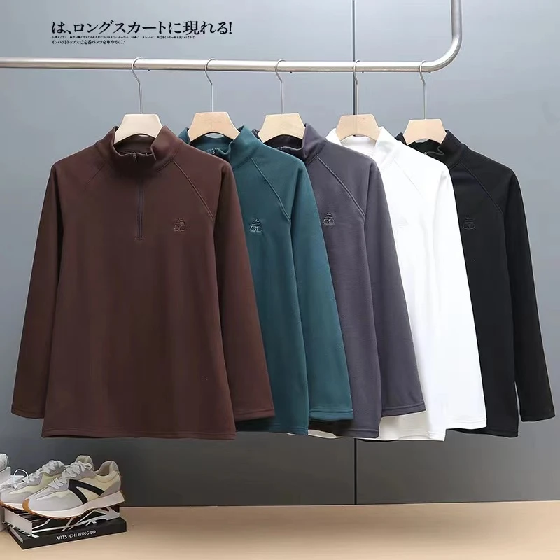 新款纯色剪刀刺绣半拉链打底衫