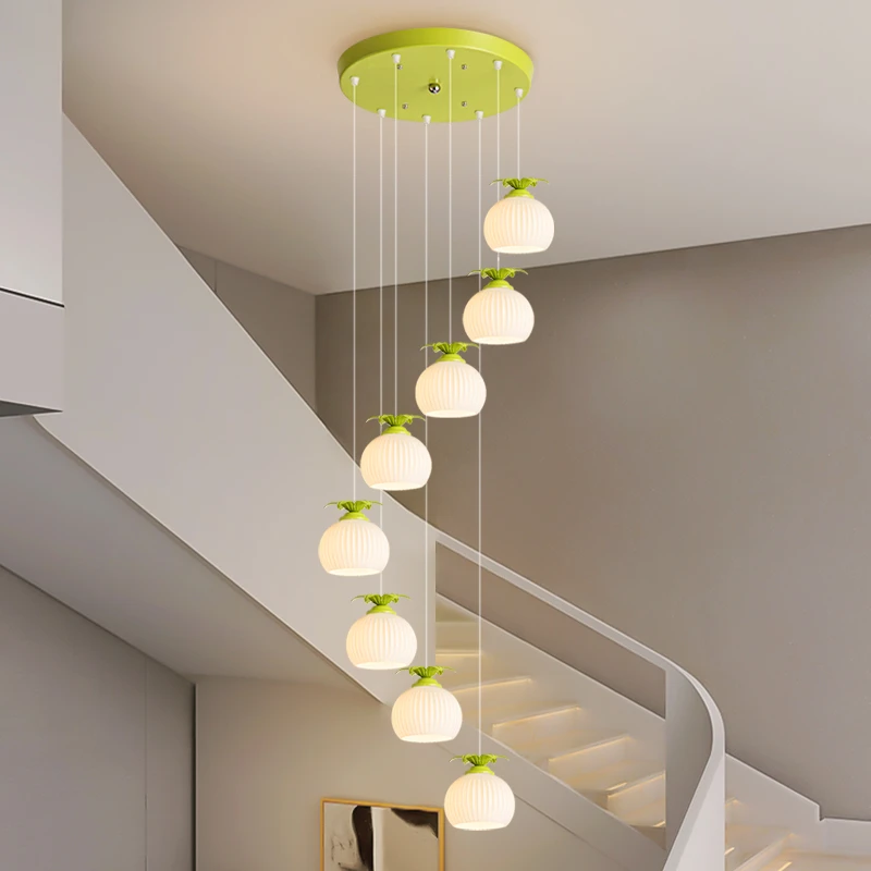 新款田园奶油风楼梯吊灯长吊灯现代网红创意雅绿色别墅复式楼梯灯