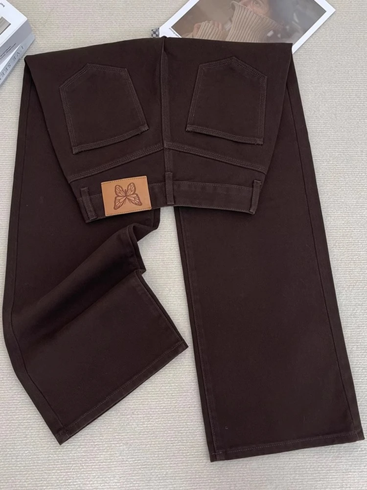 高腰秋季板栗咖阔腿牛仔裤女2024新款时尚显瘦宽松休闲百搭直筒裤