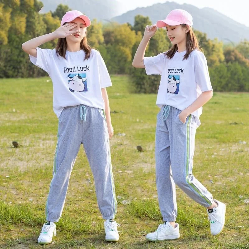 初中学生休闲运动套装女2025新款韩版少女宽松夏季大童印花两件套
