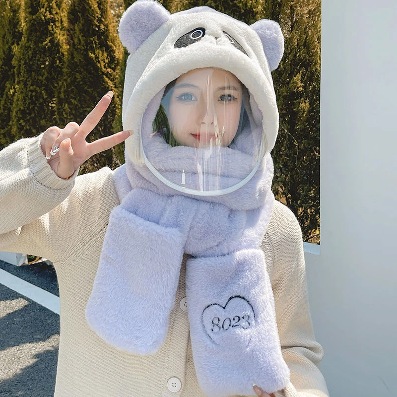 围巾帽子女款2023新款秋冬季可爱保暖毛绒骑车防风围脖一体三件套