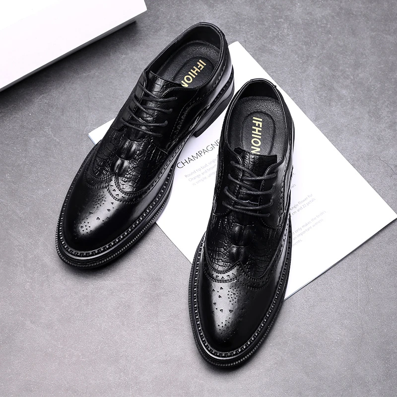 8831休闲皮鞋男商务英伦正装布洛克雕花新郎结婚增高百搭软底鞋子