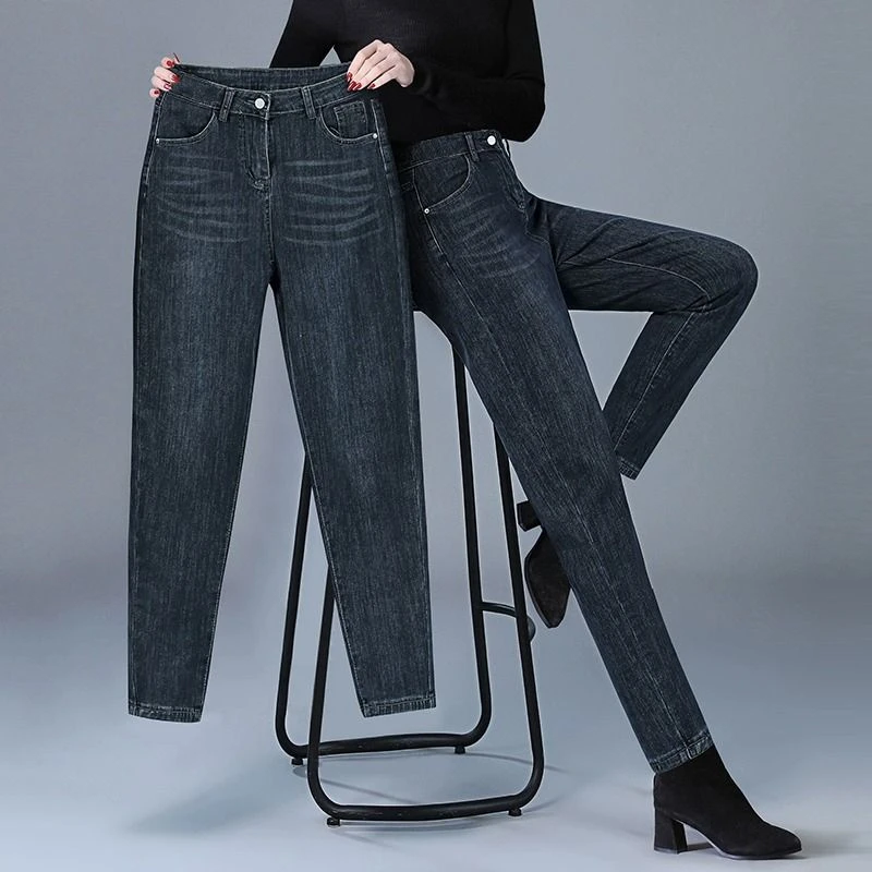 秋冬哈伦牛仔裤加厚加绒宽松高腰弹力百搭时尚女士小脚萝卜老爹裤