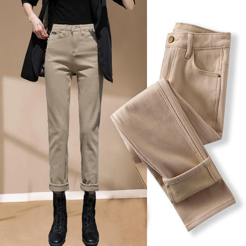 卡其色直筒秋冬季加绒牛仔裤女士高腰胖mm九分裤烟管裤加厚裤子女