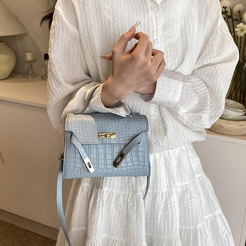 新款鳄鱼纹凯莉包复古时尚小方包高级质感女士单肩斜跨包手提女包