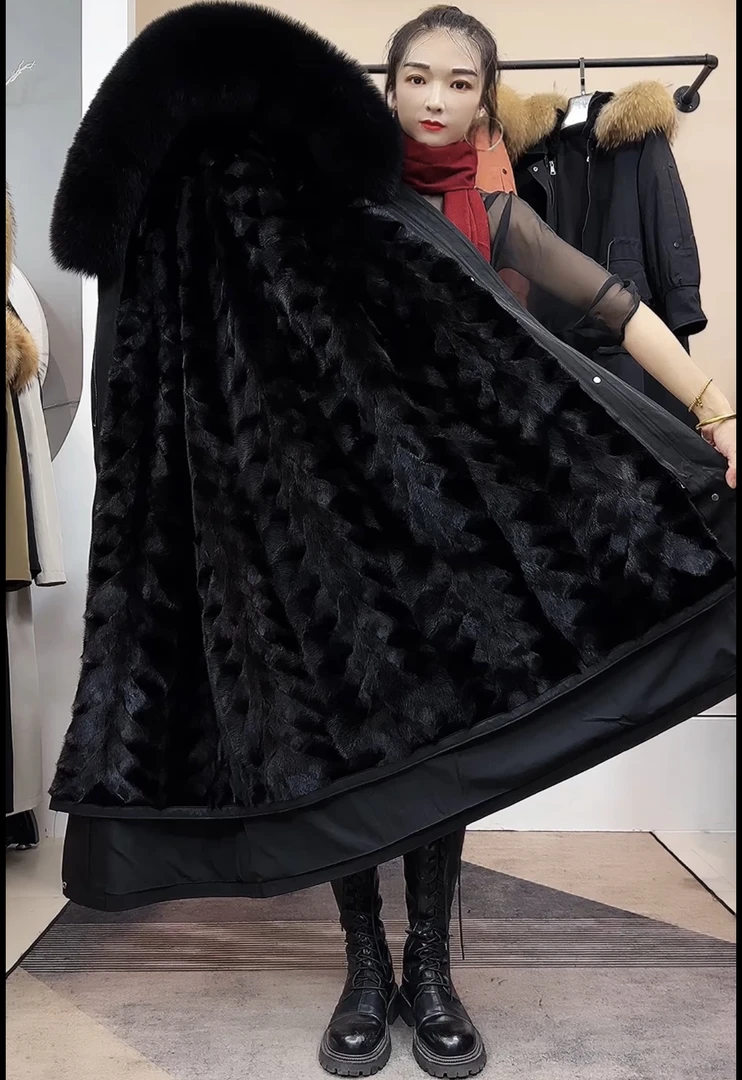 新款派克服外套水貂内胆狐狸毛领皮草超长款皮毛一体